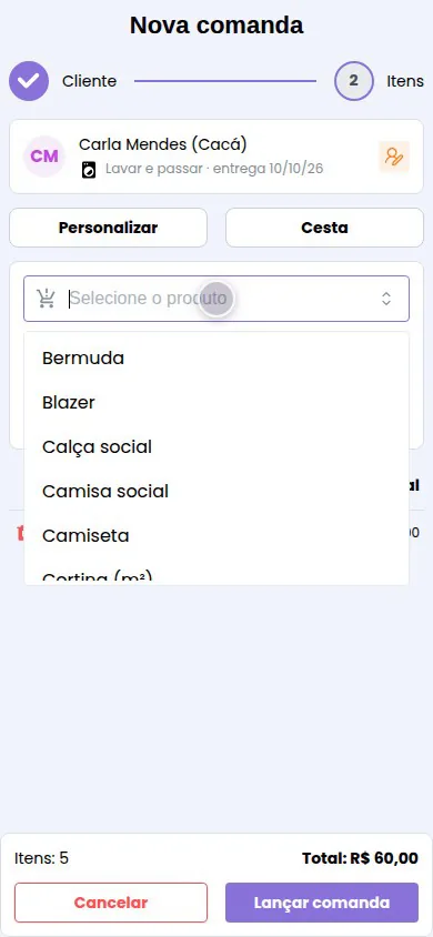 Lista de produtos do catálogo ao lançar uma comanda