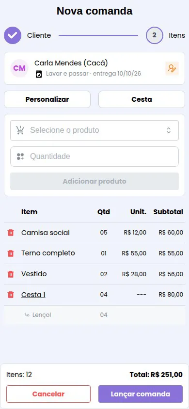 Tela Nova comanda do ComandApp no celular, com quatro itens lançados e total de R$ 251,00 calculado