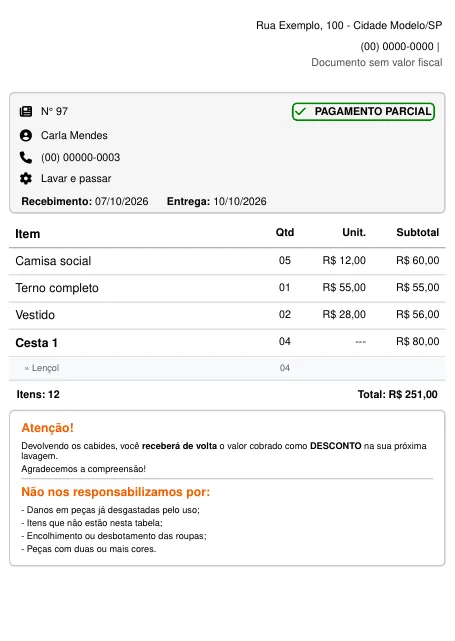 Comprovante da comanda em PDF